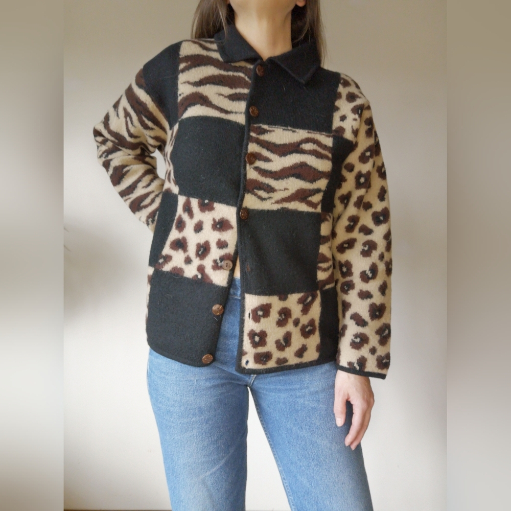 90s Colour Block Animal Print Cardigan